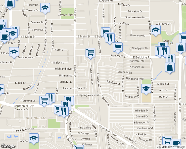 map of restaurants, bars, coffee shops, grocery stores, and more near 410 Towne House Lane in Richardson