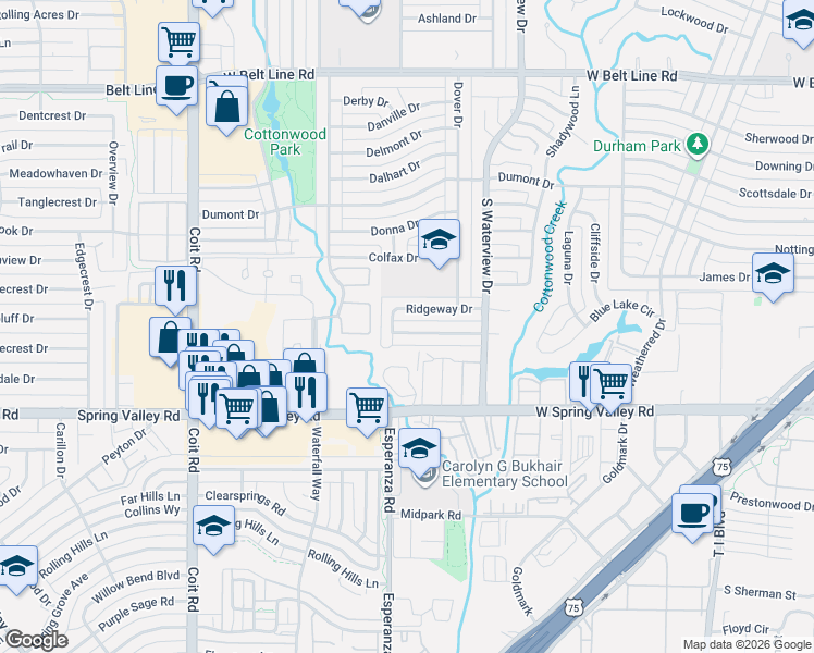 map of restaurants, bars, coffee shops, grocery stores, and more near 1226 Dearborn Drive in Richardson