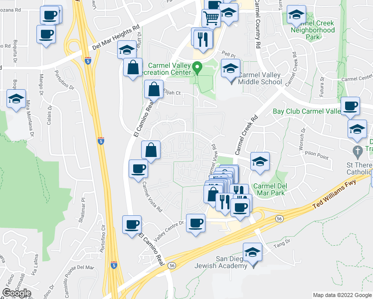 map of restaurants, bars, coffee shops, grocery stores, and more near 12432 Ruette Alliante in San Diego