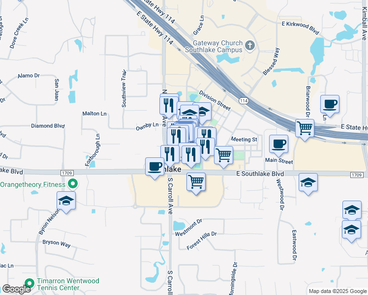 map of restaurants, bars, coffee shops, grocery stores, and more near 1246 Main Street in Southlake