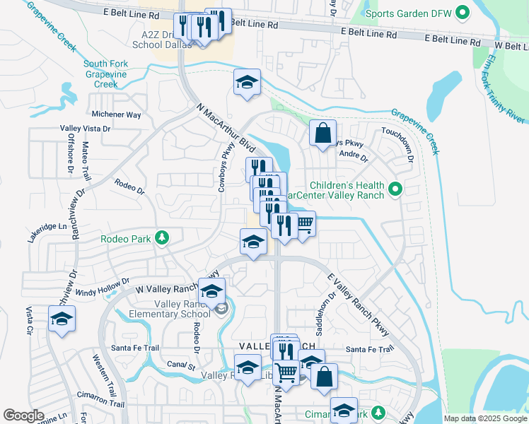 map of restaurants, bars, coffee shops, grocery stores, and more near 10045 North MacArthur Boulevard in Irving