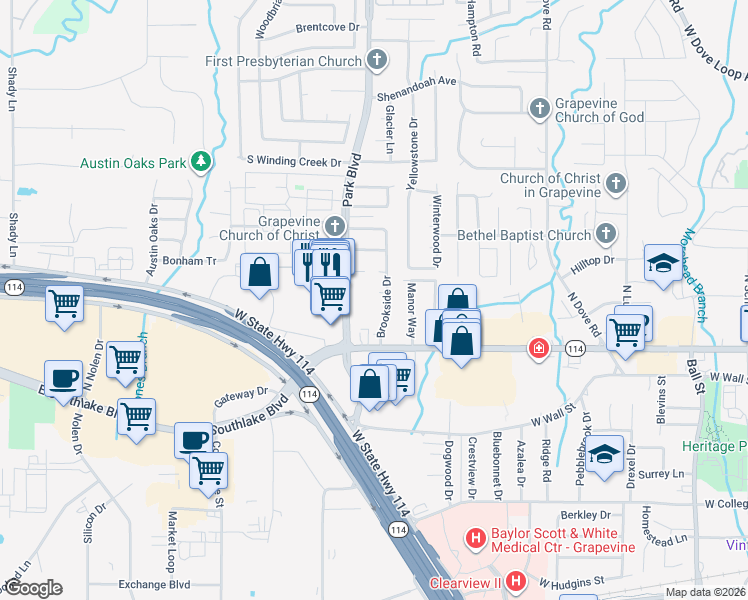 map of restaurants, bars, coffee shops, grocery stores, and more near 2010 Shadow Court in Grapevine