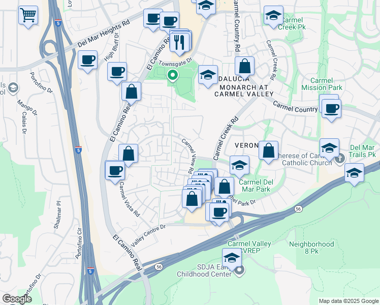 map of restaurants, bars, coffee shops, grocery stores, and more near 12561 Caminito Mira Del Mar in San Diego