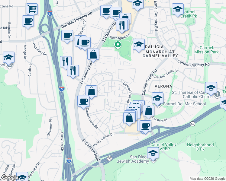 map of restaurants, bars, coffee shops, grocery stores, and more near 12419 Ruette Alliante in San Diego
