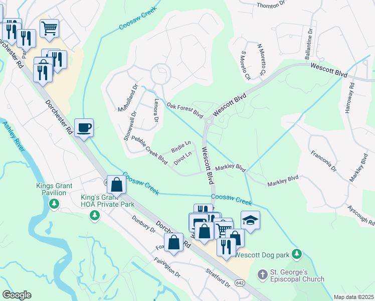 map of restaurants, bars, coffee shops, grocery stores, and more near 9408 Divot Lane in Summerville