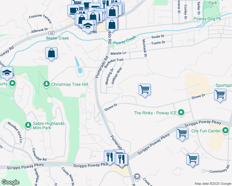 map of restaurants, bars, coffee shops, grocery stores, and more near 12358 Hill Country Drive in Poway