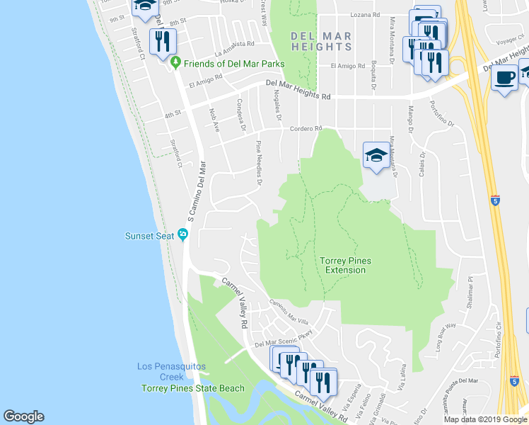map of restaurants, bars, coffee shops, grocery stores, and more near 461 Hidden Pines Lane in Del Mar