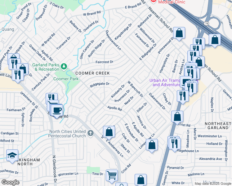 map of restaurants, bars, coffee shops, grocery stores, and more near 2441 Kimberly Drive in Garland