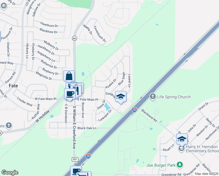 map of restaurants, bars, coffee shops, grocery stores, and more near 504 Azalea Drive in Rockwall