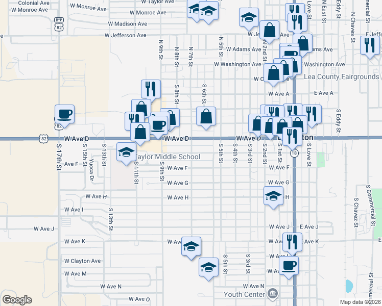 map of restaurants, bars, coffee shops, grocery stores, and more near 700 West Avenue East in Lovington