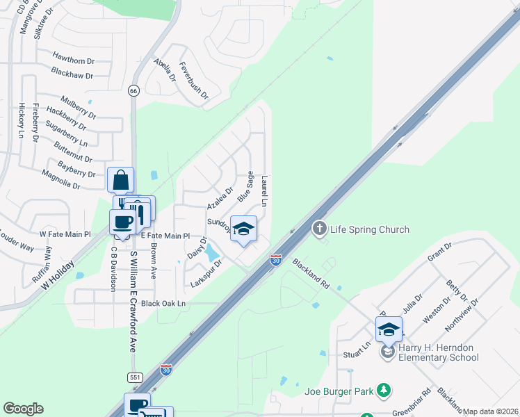 map of restaurants, bars, coffee shops, grocery stores, and more near 528 Indian Paintbrush Drive in Royse City