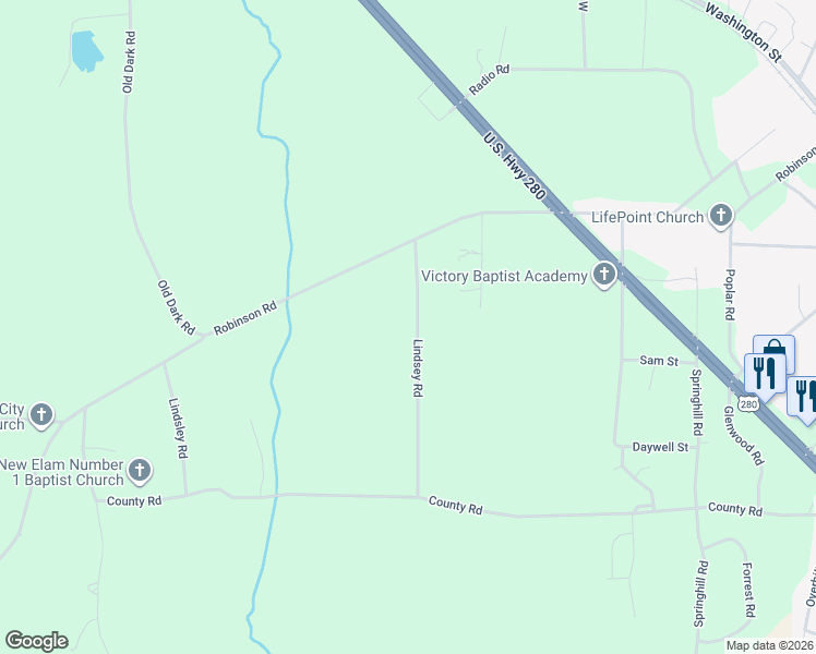 map of restaurants, bars, coffee shops, grocery stores, and more near 308 Lindsey Road in Alexander City