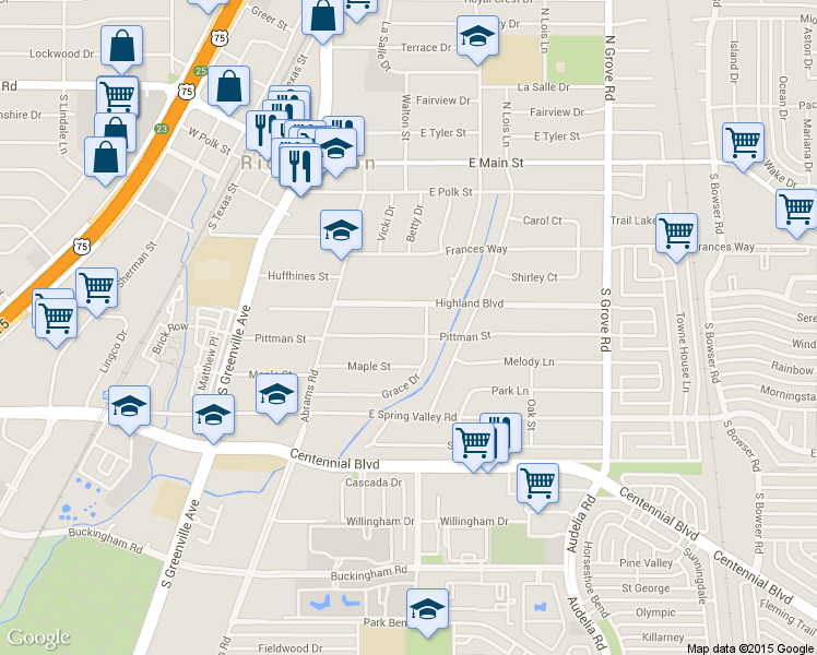 map of restaurants, bars, coffee shops, grocery stores, and more near 475 Pittman Street in Richardson