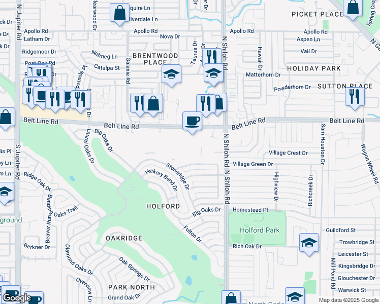 map of restaurants, bars, coffee shops, grocery stores, and more near 2827 North Shiloh Road in Garland