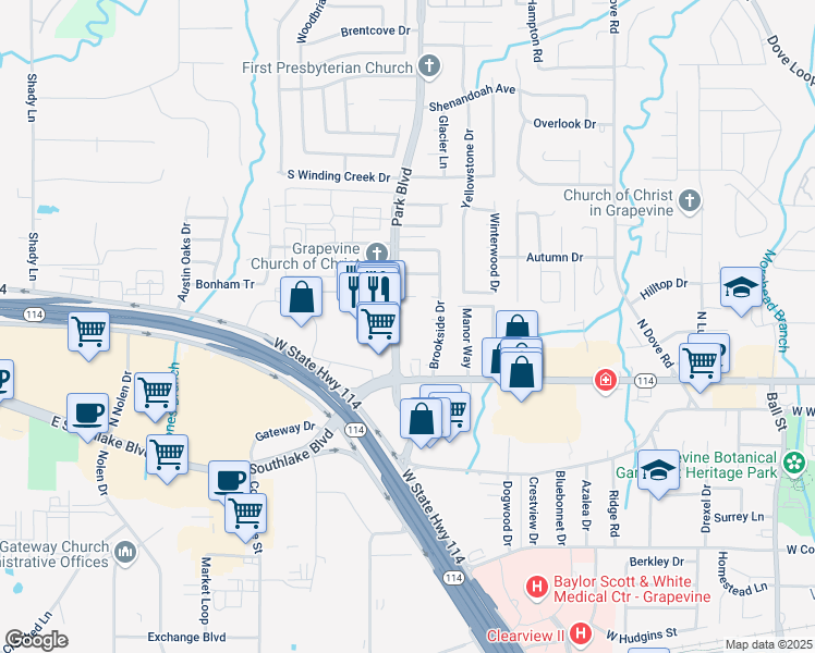 map of restaurants, bars, coffee shops, grocery stores, and more near 230 Park Boulevard in Grapevine
