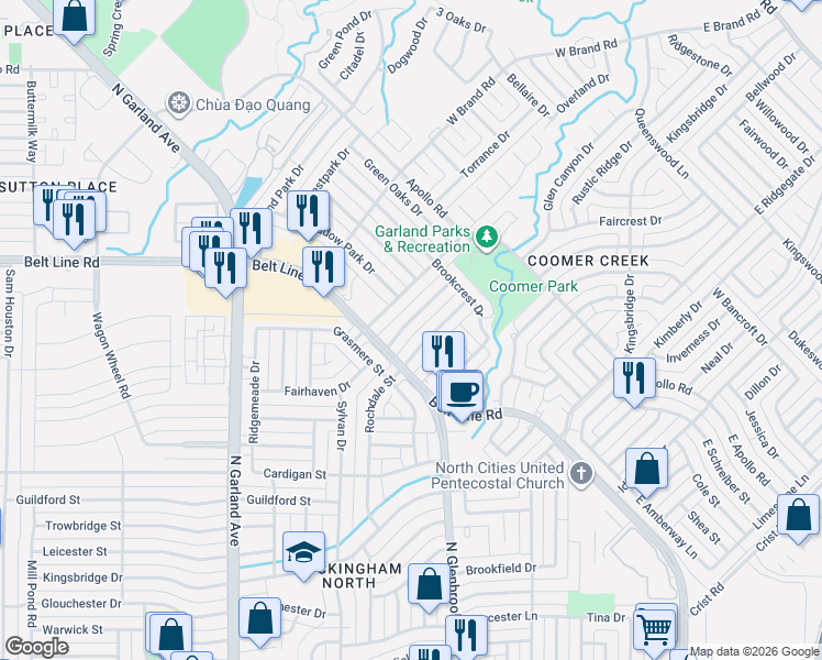 map of restaurants, bars, coffee shops, grocery stores, and more near 1009 Fair Oaks Drive in Garland
