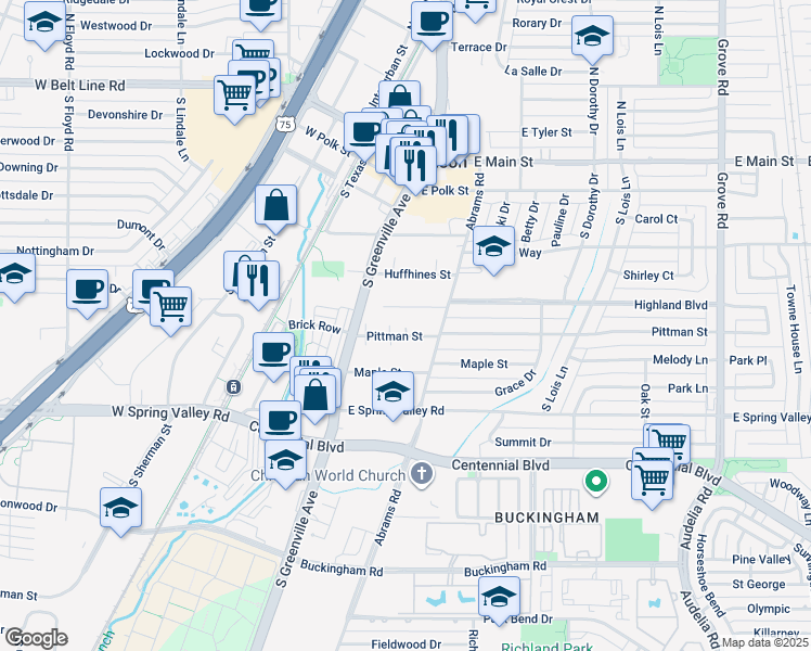 map of restaurants, bars, coffee shops, grocery stores, and more near 327 Pittman Street in Richardson