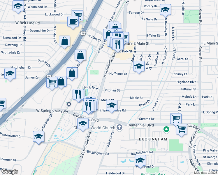 map of restaurants, bars, coffee shops, grocery stores, and more near 313 Pittman Street in Richardson