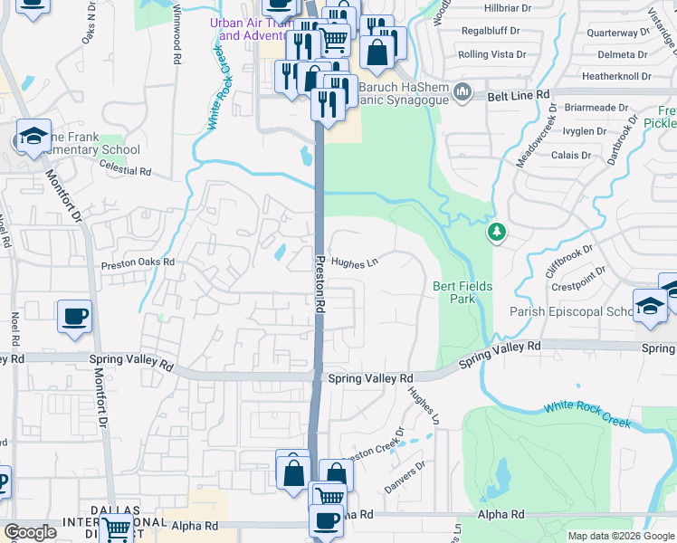 map of restaurants, bars, coffee shops, grocery stores, and more near 14327 Hughes Lane in Dallas