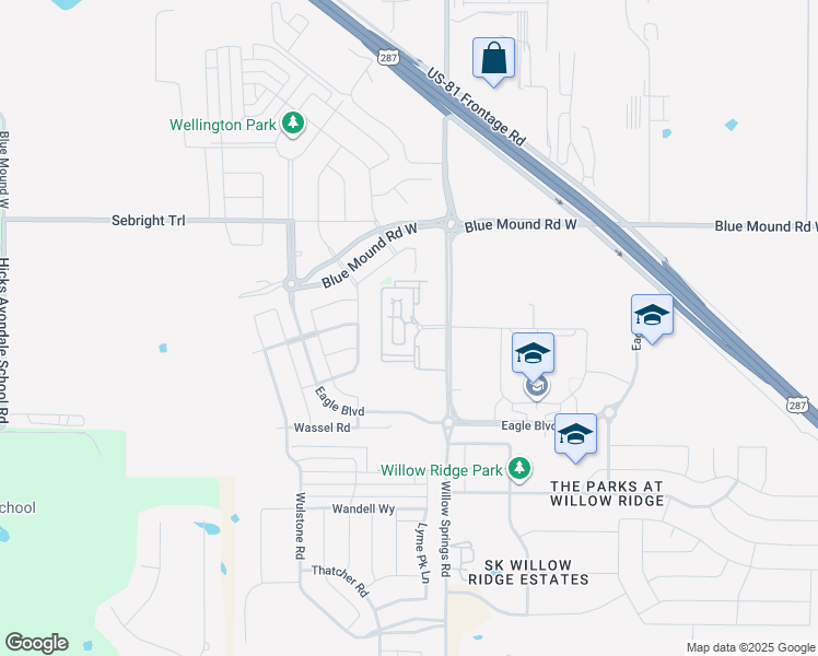 map of restaurants, bars, coffee shops, grocery stores, and more near 11671-12019 Willow Springs Road in Haslet