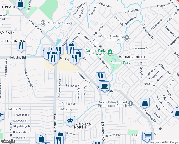 map of restaurants, bars, coffee shops, grocery stores, and more near 1009 Fair Oaks Drive in Garland