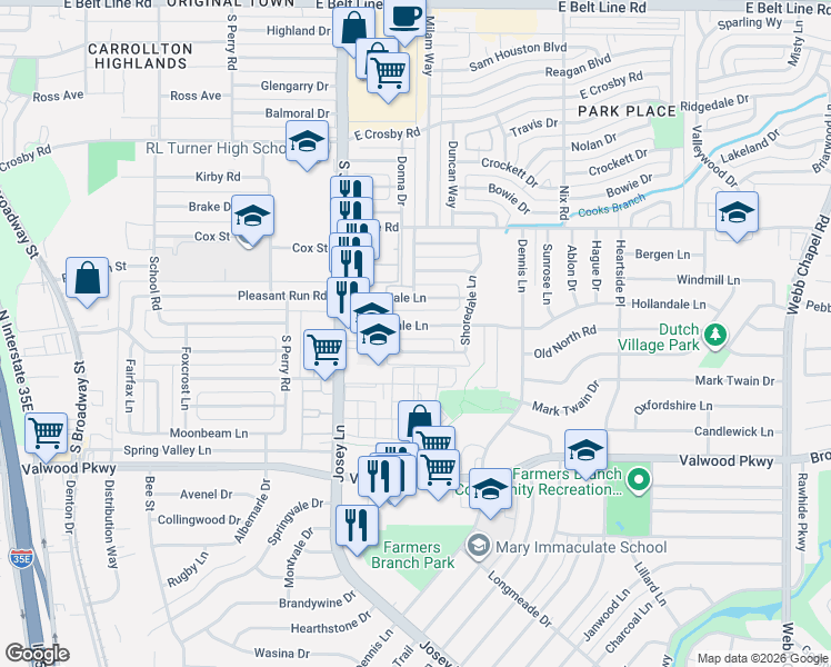 map of restaurants, bars, coffee shops, grocery stores, and more near 2748 Hollandale Lane in Farmers Branch