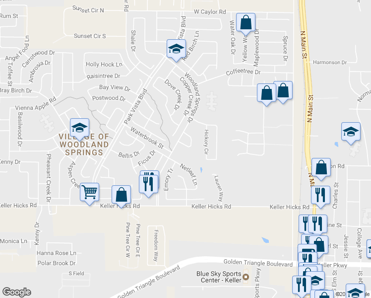 map of restaurants, bars, coffee shops, grocery stores, and more near 5420 Pecan Creek Cir in Fort Worth