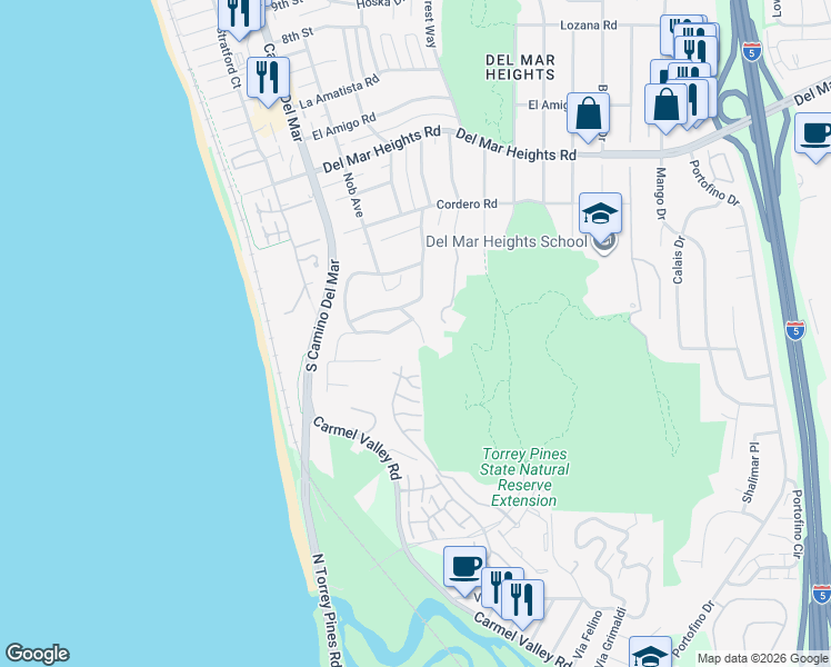 map of restaurants, bars, coffee shops, grocery stores, and more near 461 Hidden Pines Lane in Del Mar