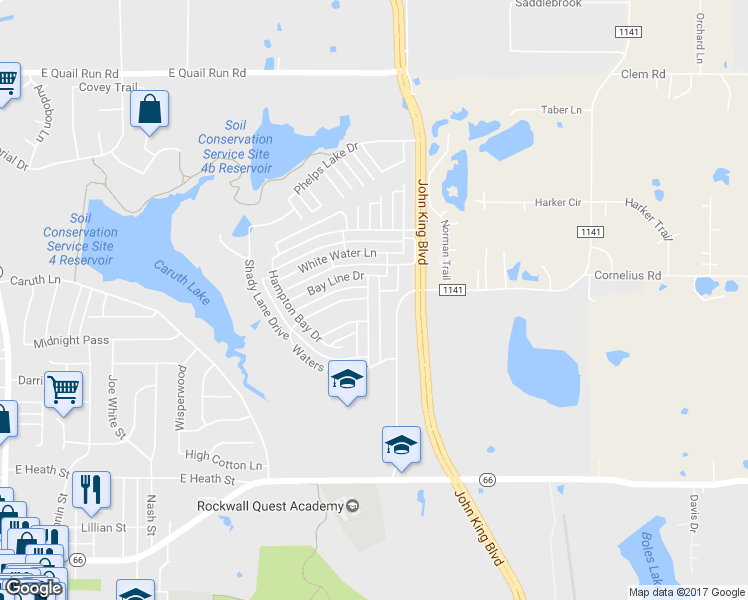 map of restaurants, bars, coffee shops, grocery stores, and more near 1124 Hidden Lakes Way in Rockwall