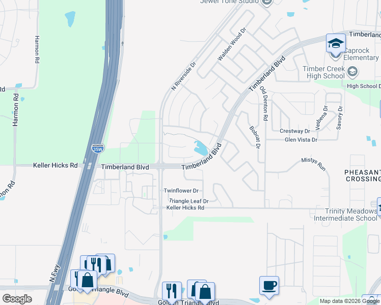 map of restaurants, bars, coffee shops, grocery stores, and more near 2613 Canyon Wren Lane in Fort Worth