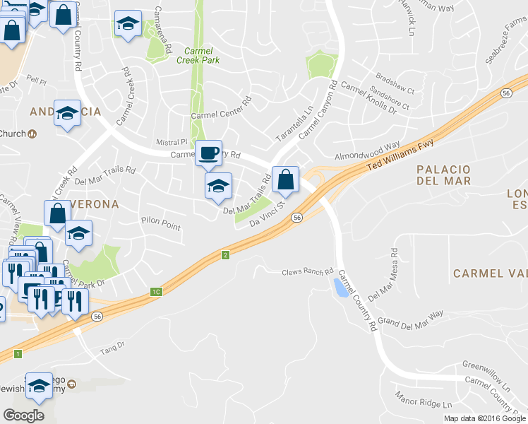 map of restaurants, bars, coffee shops, grocery stores, and more near 4610 Da Vinci Street in San Diego