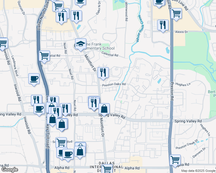 map of restaurants, bars, coffee shops, grocery stores, and more near 5626 Preston Oaks Road in Dallas