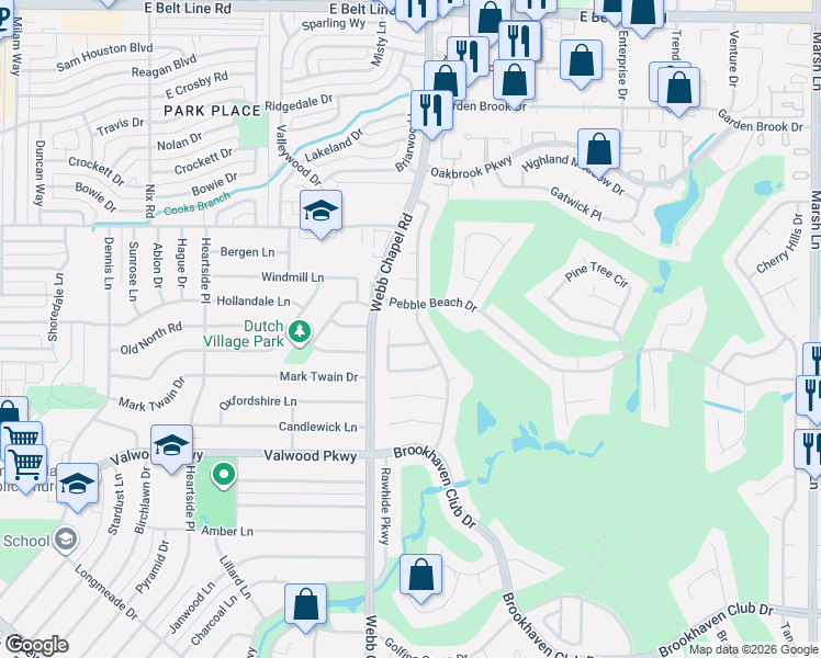 map of restaurants, bars, coffee shops, grocery stores, and more near 14333 Southern Pines Drive in Farmers Branch