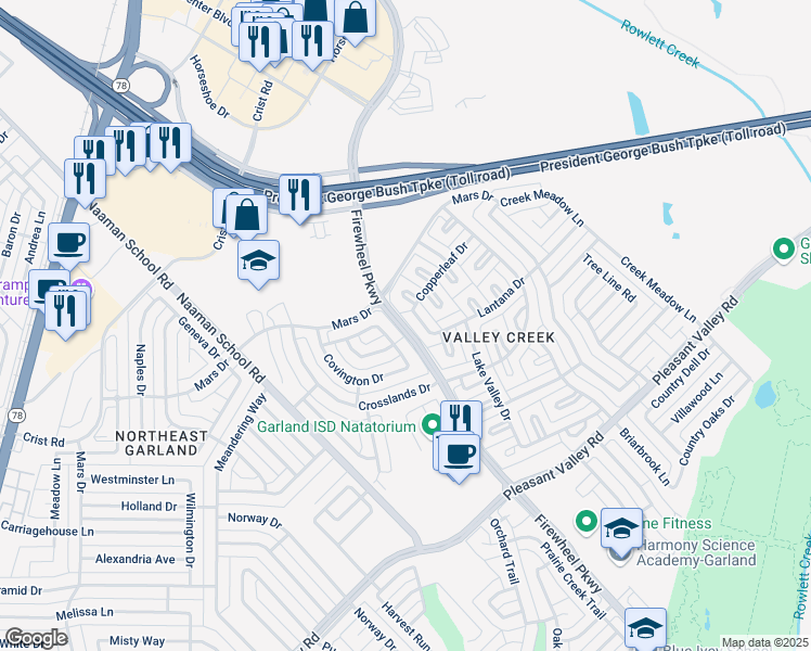 map of restaurants, bars, coffee shops, grocery stores, and more near Firewheel Parkway in Garland