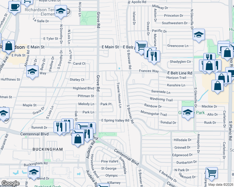 map of restaurants, bars, coffee shops, grocery stores, and more near 410 Towne House Lane in Richardson