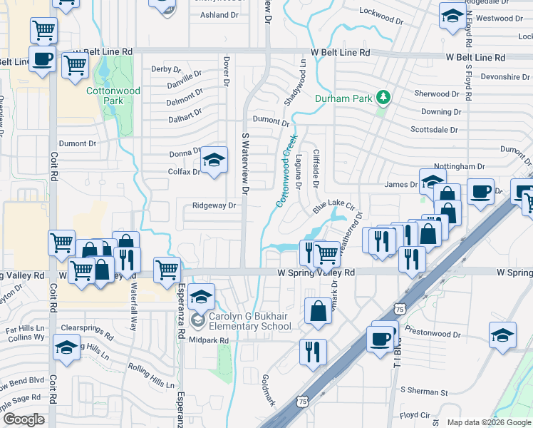 map of restaurants, bars, coffee shops, grocery stores, and more near 1108 Ridgeway Cir in Richardson