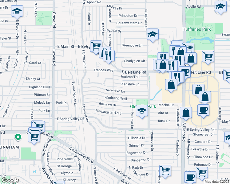 map of restaurants, bars, coffee shops, grocery stores, and more near 1100 Serenade Lane in Richardson