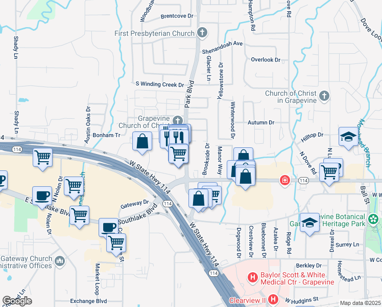 map of restaurants, bars, coffee shops, grocery stores, and more near 230 Park Boulevard in Grapevine