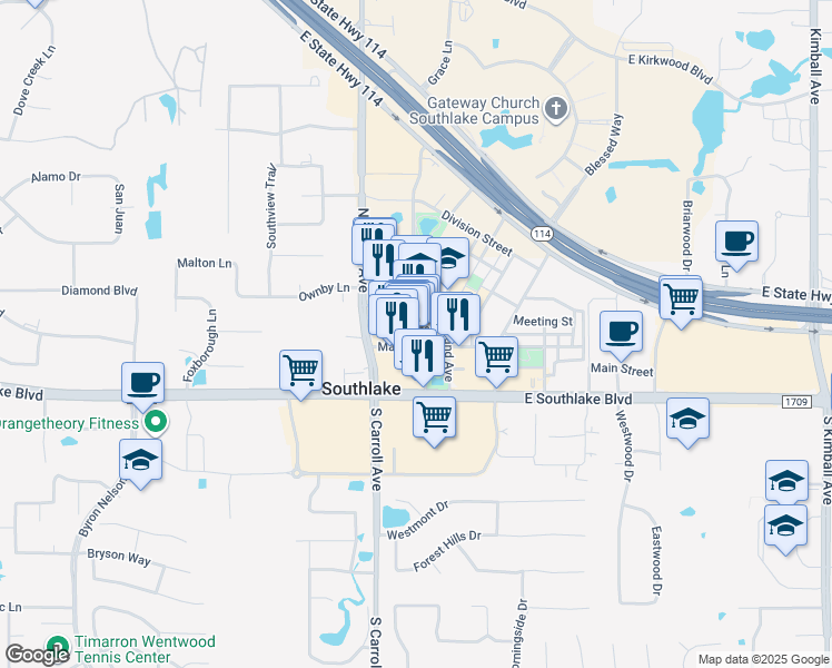 map of restaurants, bars, coffee shops, grocery stores, and more near 1246 Main Street in Southlake