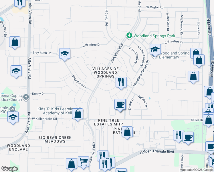 map of restaurants, bars, coffee shops, grocery stores, and more near 5304 Selago Drive in Fort Worth