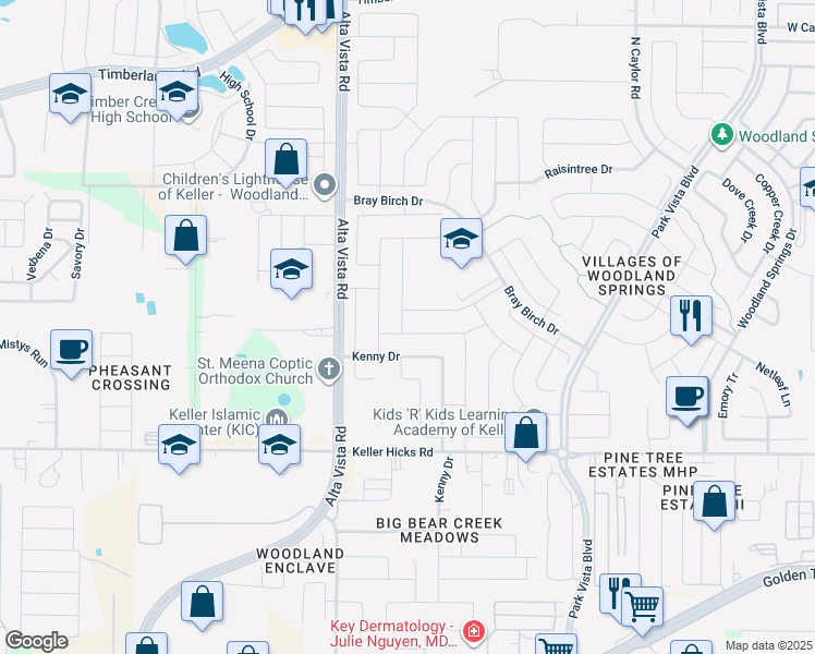 map of restaurants, bars, coffee shops, grocery stores, and more near 3821 Cedar Falls Drive in Fort Worth