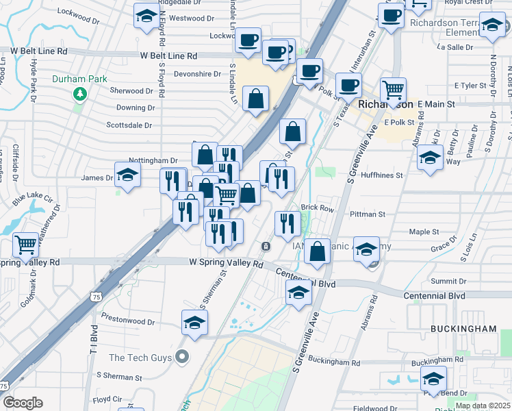 map of restaurants, bars, coffee shops, grocery stores, and more near 717 S Sherman St in Richardson