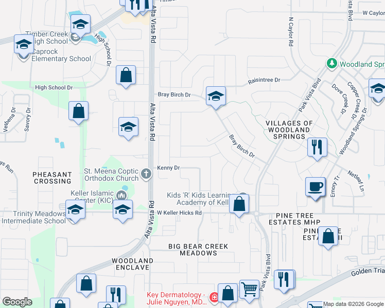 map of restaurants, bars, coffee shops, grocery stores, and more near 3841 Cedar Falls Drive in Fort Worth