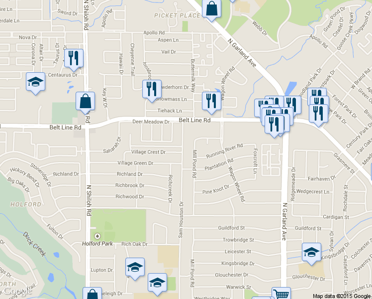 map of restaurants, bars, coffee shops, grocery stores, and more near 2802 Sam Houston Drive in Garland