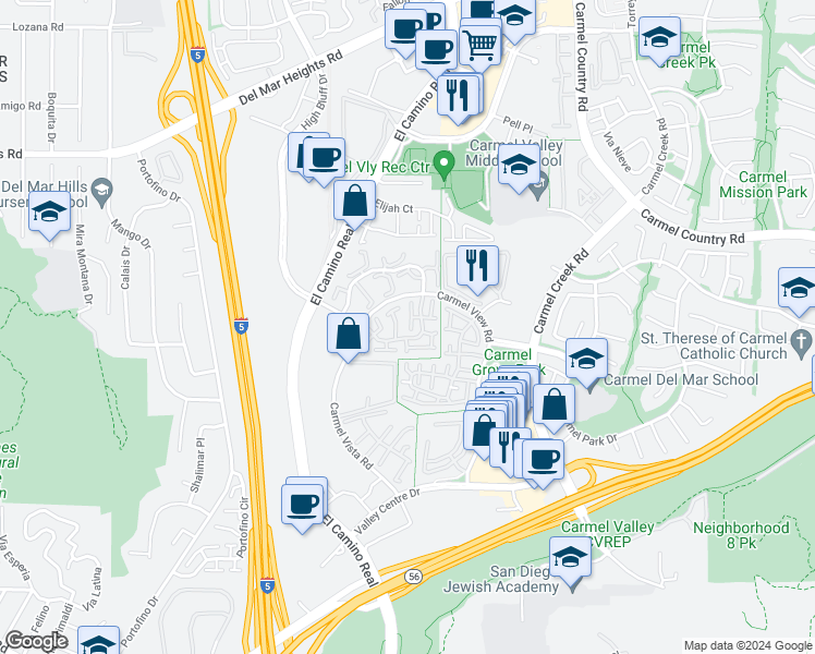 map of restaurants, bars, coffee shops, grocery stores, and more near 12432 Ruette Alliante in San Diego