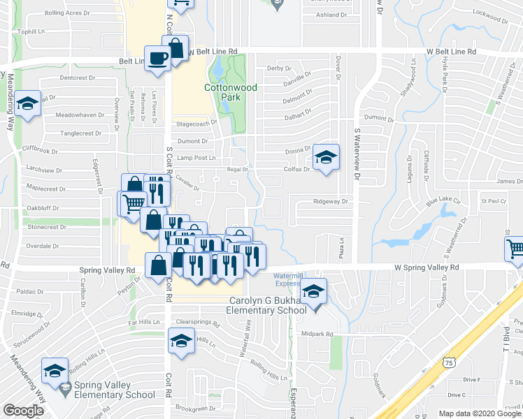 map of restaurants, bars, coffee shops, grocery stores, and more near 895A Dublin Drive in Richardson