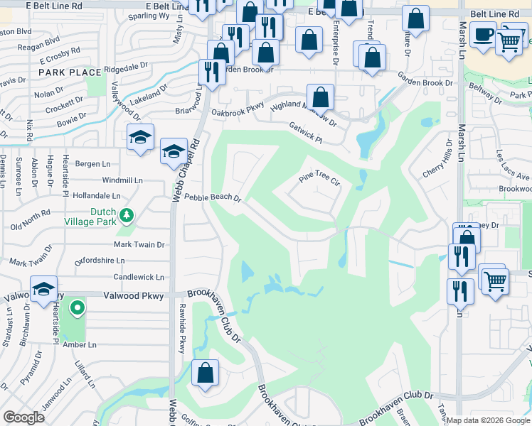 map of restaurants, bars, coffee shops, grocery stores, and more near 3343 Pebble Beach Drive in Farmers Branch