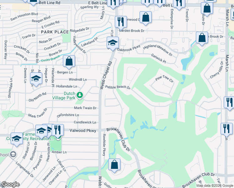 map of restaurants, bars, coffee shops, grocery stores, and more near 14333 Southern Pines Drive in Farmers Branch