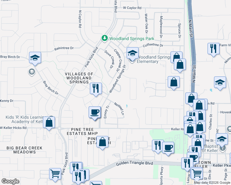 map of restaurants, bars, coffee shops, grocery stores, and more near 5420 Pecan Creek Circle in Fort Worth