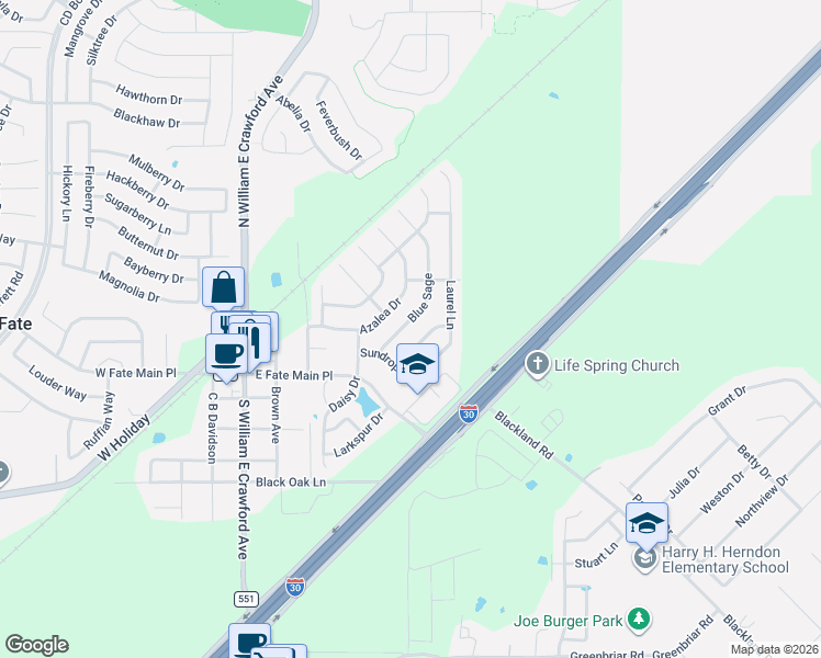 map of restaurants, bars, coffee shops, grocery stores, and more near 518 Blue Sage Drive in Rockwall
